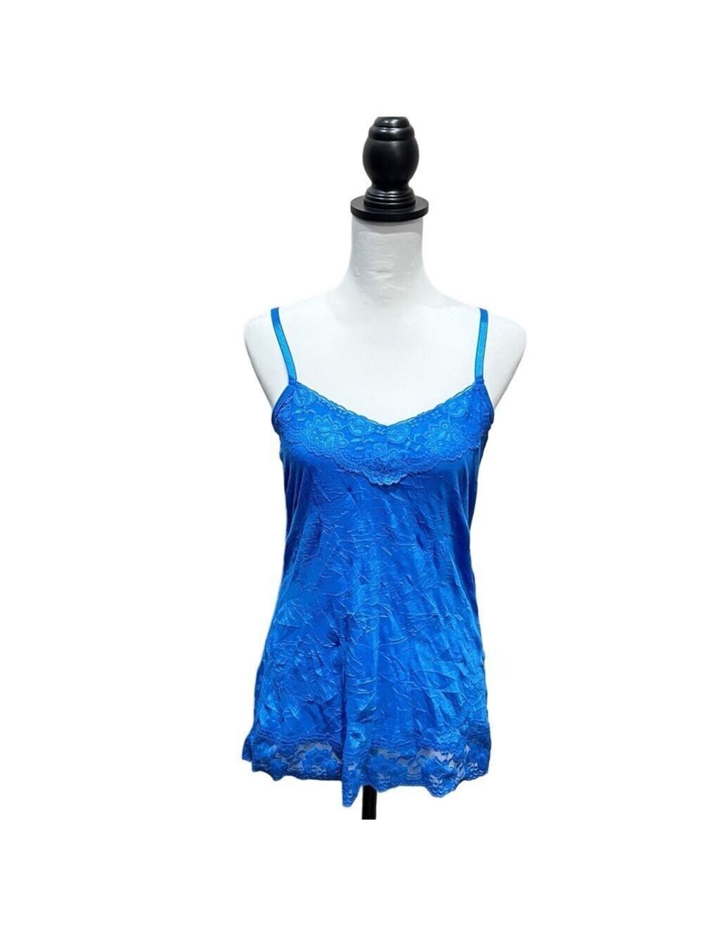 Y2K Dressbarn Lace Crinkle Cami Tank Top Large Blue Fairy Coquette Babydoll